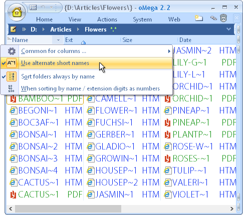 oMega Commander Features. Show alternative (DOS) names in the file list.